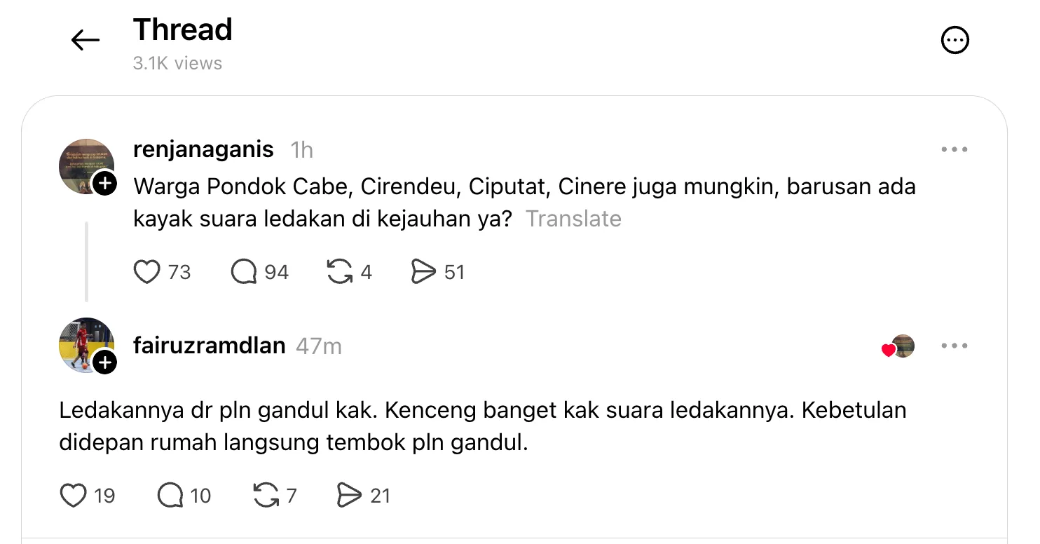 Penjelasan penyebab mati lampu massal hari ini di kawasan Ciputat, Cinere, dan Bintaro yang diduga akibat ledakan di area PLN Gandul.